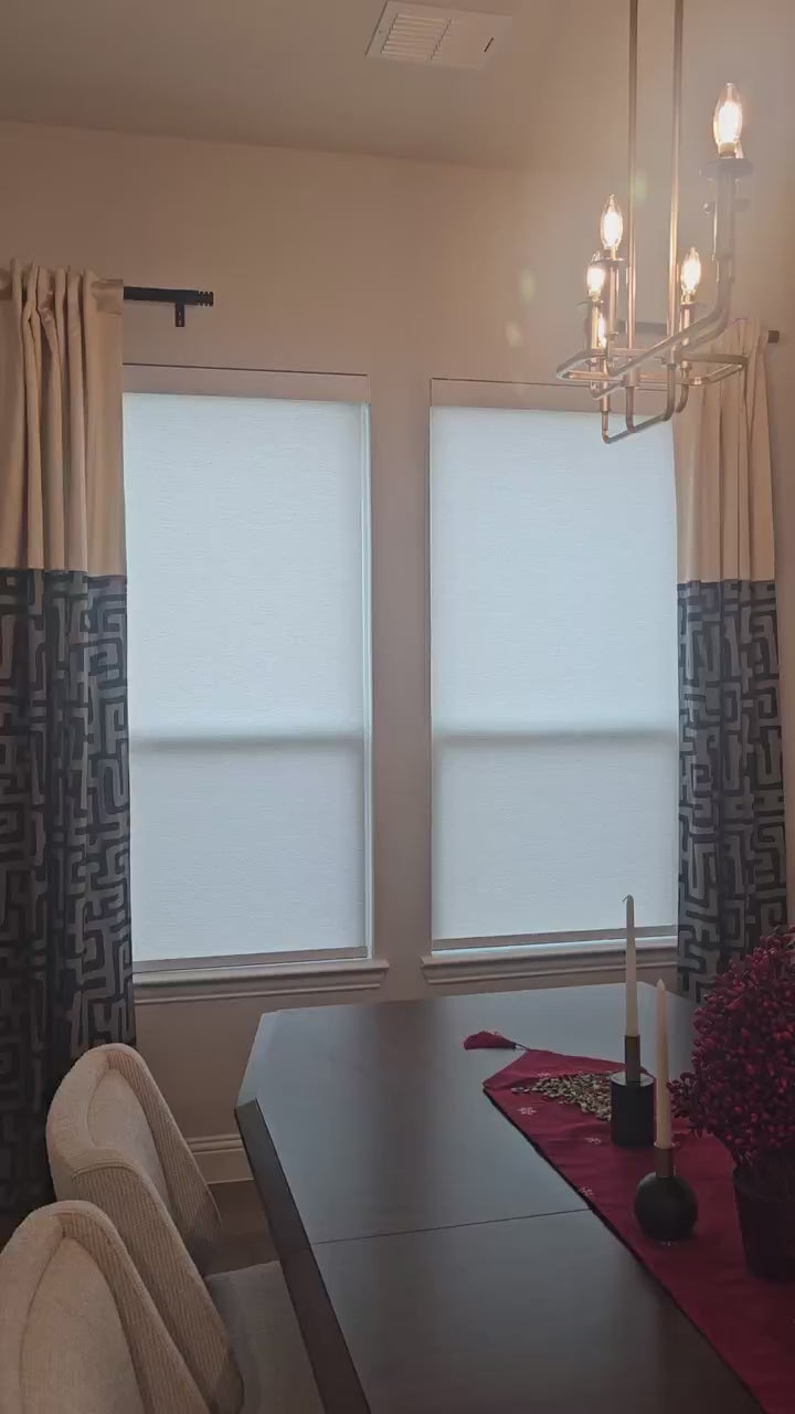 Dining room installation with 70% light-filtering fabric.